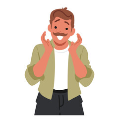 Cartoon Male Character With A Joyful And Surprised Expression. Mustached Man With Brown Hair Wearing Casual Clothes