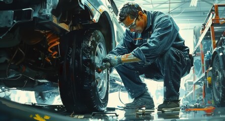 Mechanic performing maintenance under a car in an auto repair shop