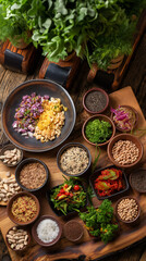 A rustic wooden surface is adorned with an array of small bowls overflowing with fresh herbs, seeds, and various culinary delights