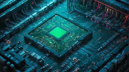 A close-up of a computer circuit board. AI.