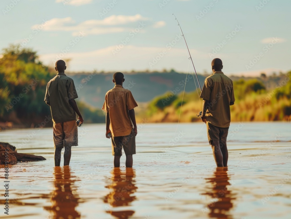 Sticker Three men wade in a river while fishing. AI.