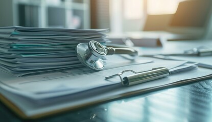 A stethoscope rests on a clipboard and a stack of medical records. AI.