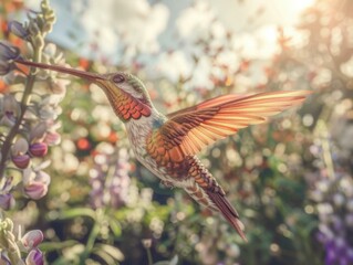 Obraz premium A hummingbird hovers near a flower. AI.