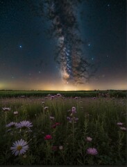 A beautiful night sky filled with stars and a field of flowers in the foreground. AI.