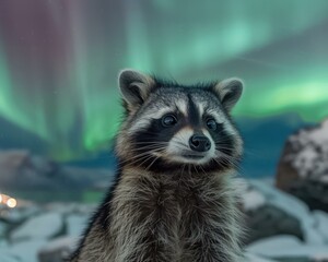 Fototapeta premium A curious raccoon stares off into the night sky as the aurora borealis dances above. AI.