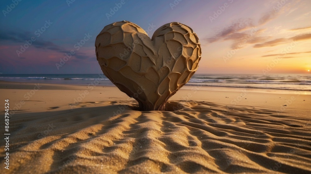 Wall mural A sand sculpture of a heart on the beach at sunset. AI.