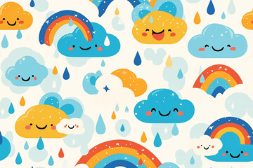 Cute smiling clouds, rainbows, and raindrops on a soft background create a whimsical and cheerful seamless pattern.