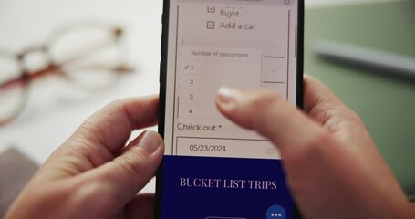 Phone screen, hands and travel booking for vacation, holiday or adventure itinerary, schedule or checklist. Smartphone, app and person checking car rental, choice or flight, planning or New York menu