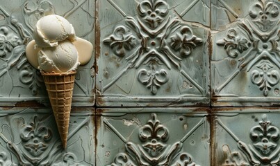 Close-up of a melting ice cream cone. AI.