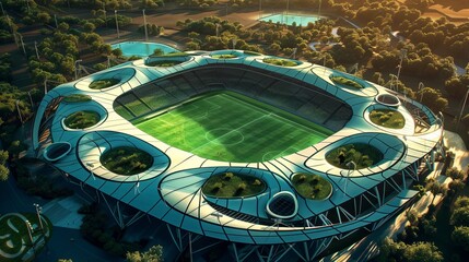 Obraz premium Surreal illustration of a soccer stadium featuring imaginative and dreamlike elements within a sports arena setting