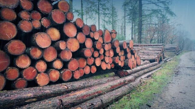 Logging Pile In The Rain Rising Shot
