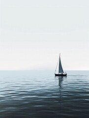 Fototapeta premium A minimalistic silhouette of a sailboat on calm, blue water with a clear sky. Generative AI