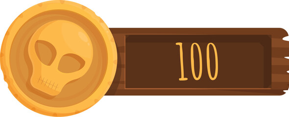 Golden coin with skull icon is showing number one hundred on wooden scoreboard