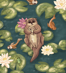 Mum and child otter swimming in the water illustration