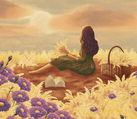 Girl surrounded by nature vector illustration