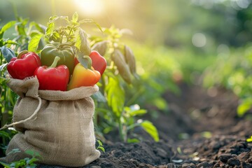 Organic produce in burlap bag in field healthy eating concept space for text