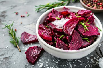 Organic purple beet chips with sea salt rosemary and olive oil in a white bowl on a grey background Healthy snack Focus on chips