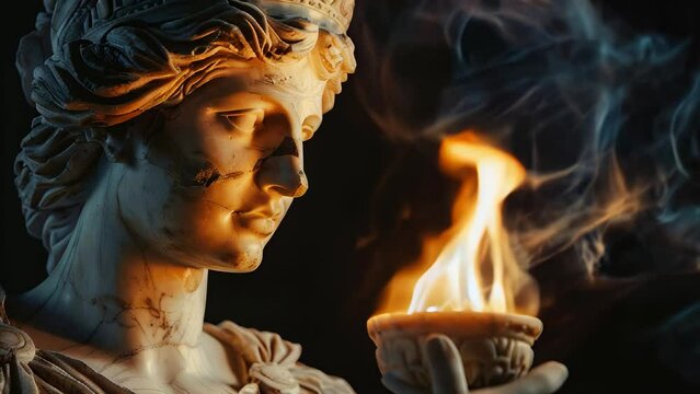 Olympic flame in slow motion held by ancient statue, symbolizing strength and unity