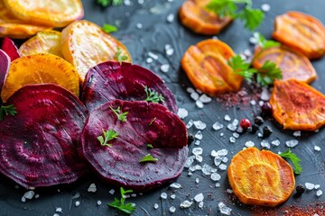Organic vegetable chips with sea salt pepper and coriander made from carrots and beets Selective focus