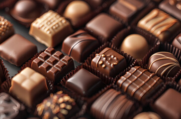 Obraz premium Close-up shot of a diverse selection of chocolates, each with unique textures and fillings.