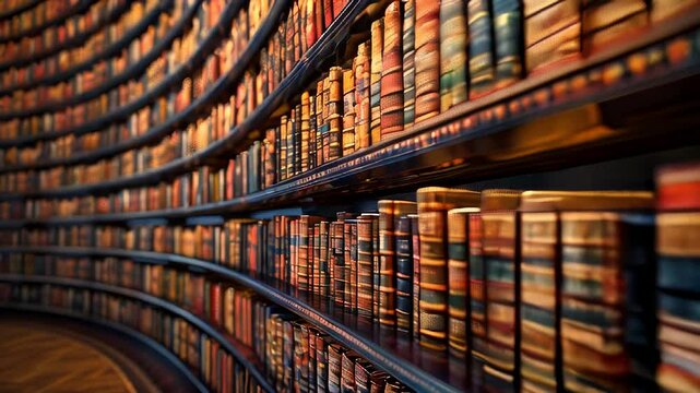 Slow motion library video of vintage books on curved bookshelves for educational and literary stock footage