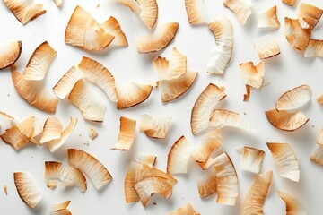 Overhead shot of toasted coconut chips on white background