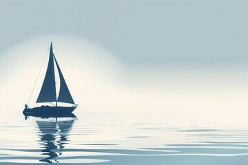 Fototapeta premium A minimalistic silhouette of a sailboat sailing on calm, clear water at dawn. Generative AI