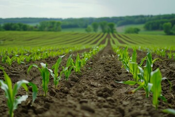 Rows of young corn plants growing on a vast field with dark fertile soil