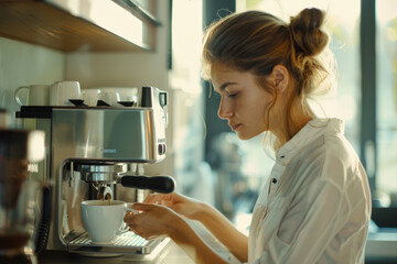 Young businesswoman making a morning coffee in her expensive apartment