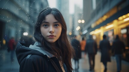 Obraz premium Face recognition technologies. A young girl on a city street.