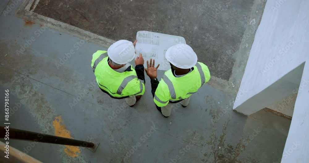 Poster Engineering, people and contractor with paper in discussion for building plan, management and feedback. Top view, architect and documents with blueprint for construction, project and development