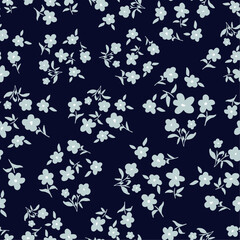 Cute ditsy daisy flowers with leaves seamless repeat pattern. Random placed, vector botany aop, all over surface  print on dark blue background.