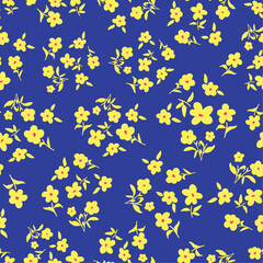 Cute ditsy daisy flowers with leaves seamless repeat pattern. Random placed, vector botany aop, all over surface  print on blue background.