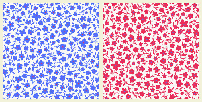 Set of cute flowers with leaves seamless repeat pattern. Bundle of hand drawn botany aop all over surface print on white background.