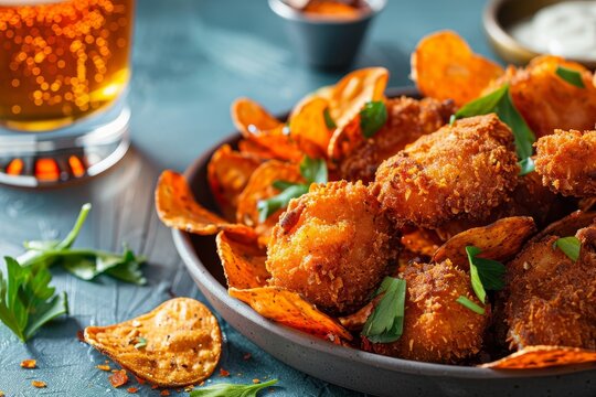 Southern style crispy nuggets with sweet potato chips and beer vegetarian and vegan