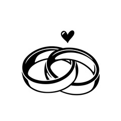 two wedding rings and a heart. love concept. silhouette template