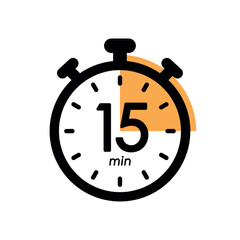 fifteen minutes stopwatch icon, timer symbol, cooking time, cosmetic or chemical application time, 15 min waiting time vector illustration