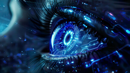Biometric eye scan, detailed holographic interface, glowing blue elements, intricate cyber patterns, modern tech background, 