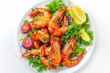 Spicy garlic jumbo shrimp with salad on white background Top view