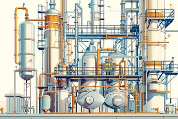 A detailed illustration depicting a distillation column within a complex industrial facility. Generative AI