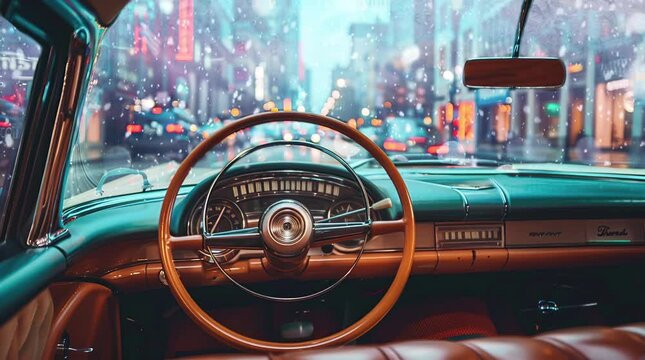 Interior of cabin with vintage car driver during rainy weather outside
 Seamless looping 4k time-lapse virtual video animation background. Generated AI
