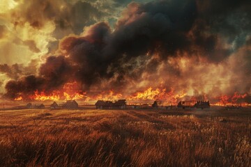 Fototapeta premium Steppe fires destroy fields during drought causing regular damage to environment and economy threatening residential buildings Residents ext