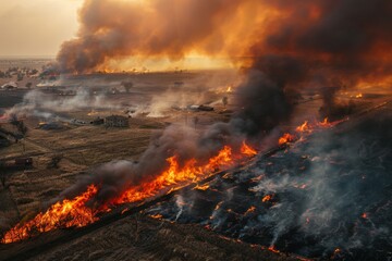Steppe fires destroy fields during severe drought causing damage to the environment and economy of the region Fires also threaten residentia