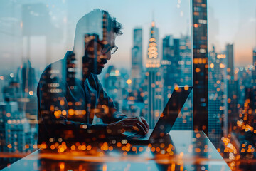 Businessman working on a laptop in an office, with a transparent overlay showing a modern cityscape of buildings and skyscrapers. Ideal for themes of technology, business, and urban life. Ai Generate.
