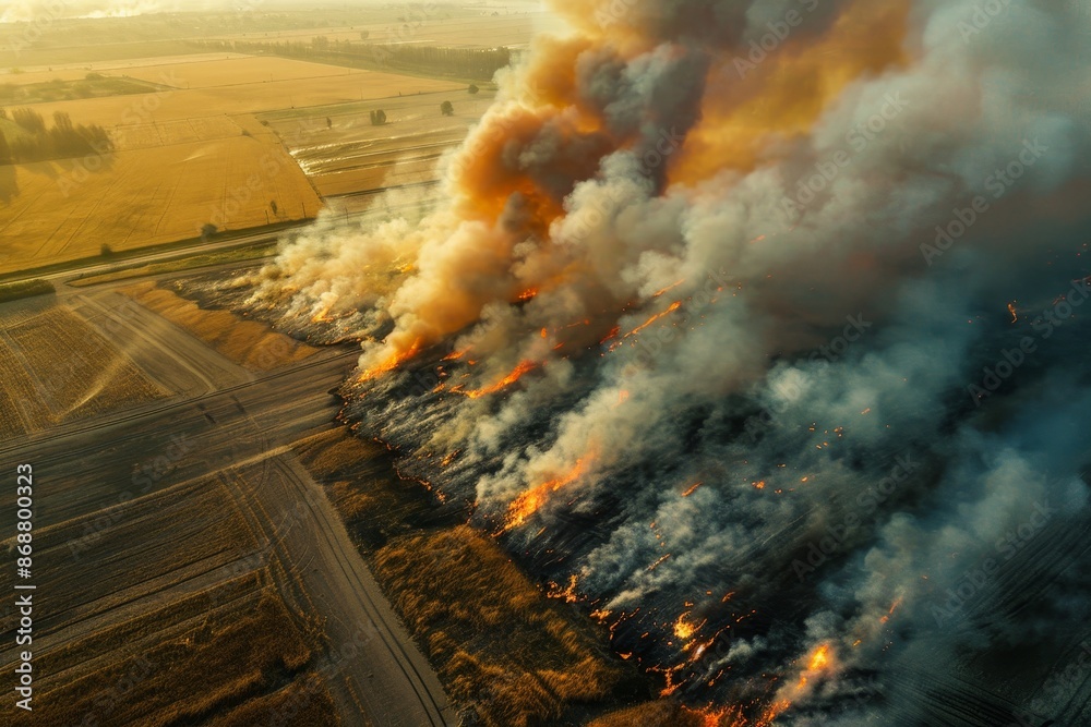 Wall mural Steppe fires in severe drought devastate fields causing environmental and economic damage Flames also endanger homes prompting residents to