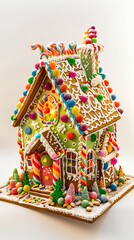 Colorful candy-covered gingerbread house with multicolored rooftops and candy decorations. Concept of confectionery art, holiday baking, festive decor, Christmas treats. Vertical