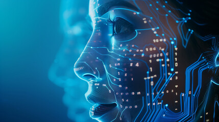 A digital illustration of an AI robot head with circuit patterns on the face, looking directly at camera in profile view.