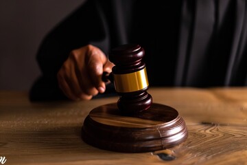 A judges hand is holding a gavel, ready to strike it on a wooden block. Generative AI