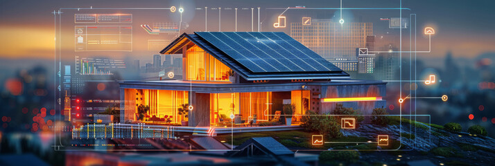 wide banner design of a infographic diagram for battery packs alternative electric clean energy storage system at smart home with solar panels roof as backup or sustainable energy concepts