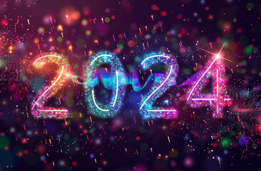 Colorful glowing text "2024" on dark background with glitter and stars sparkles effect, New Year celebration banner